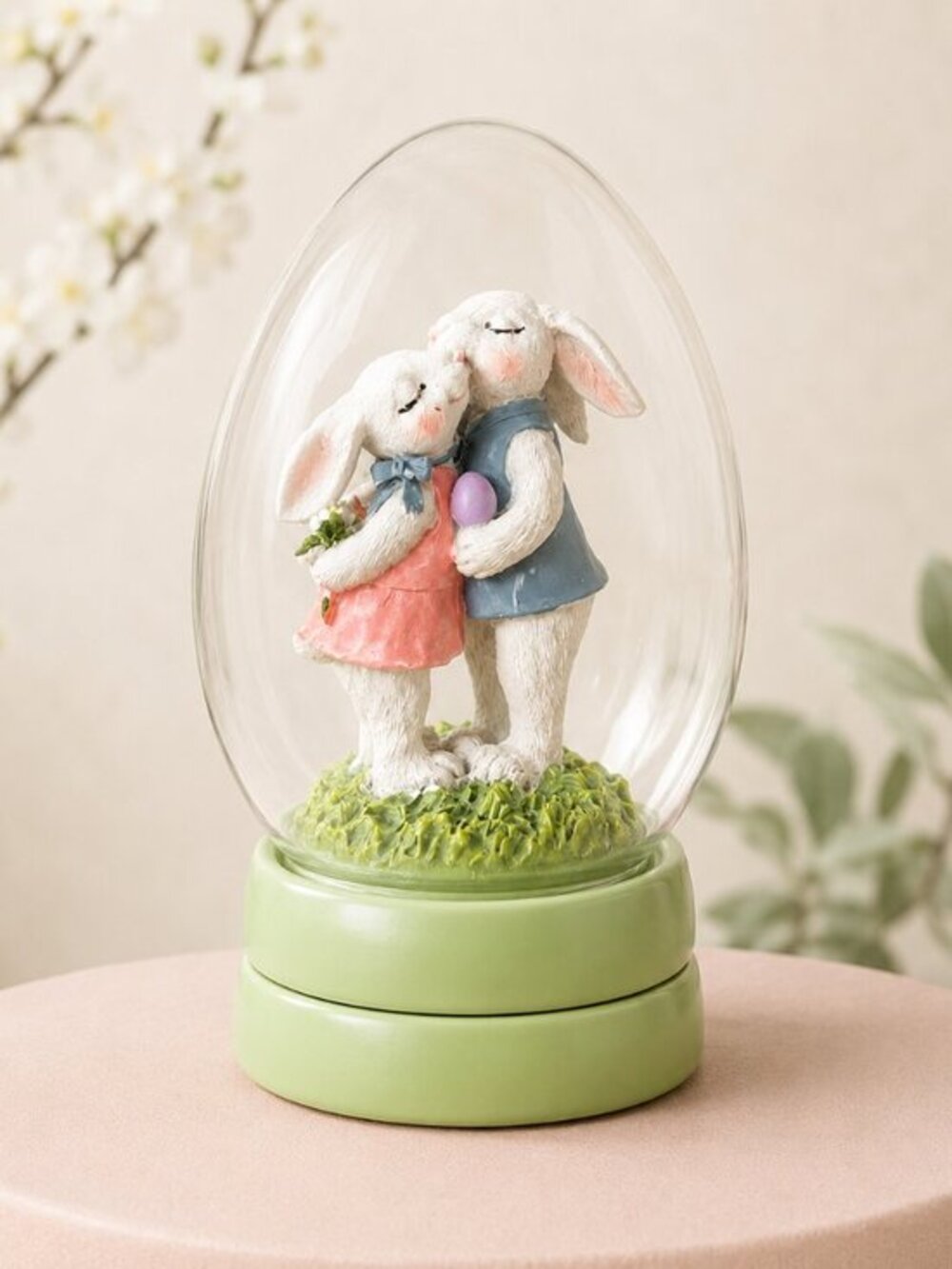 Easter Kissing Bunny Couple Resin Figurine Clear Egg Dome NWT
